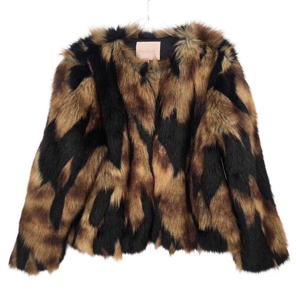 Hutch Vessi Faux Fur Cropped Coat Brown Black Plush Hook Eye Jacket NWOT Large